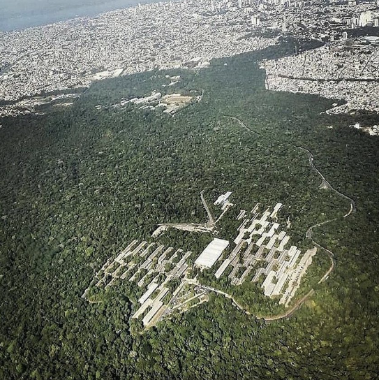 Este é o campus Manaus da Universidade Federal do Amazonas. Aquele prédio maior, no meio, é o Centro de Convivência, onde fica a Editora e onde trabalho.  A área de 6,7 milhões de metros quadrados é considerada o 3º maior fragmento verde em área urbana do mundo e o 1º do Brasil.