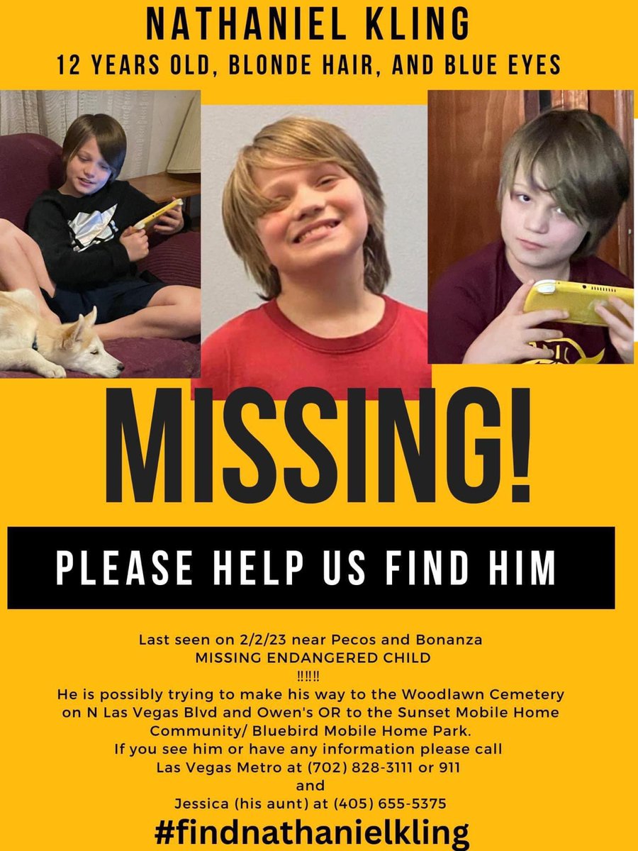 #NathanielKling (12) 🚨 MISSING 🚨  #BOLO 👀  Las Vegas, NV - Last Seen 2/2/2023 #MissingInAmerica 🇺🇸 #MissingInNevada #Missing #Endangered #MissingChild #SuperBowl #SundayMorning #HelpFindMe #LasVegas #FindNathanielKling #AmbertAlertNeeded
