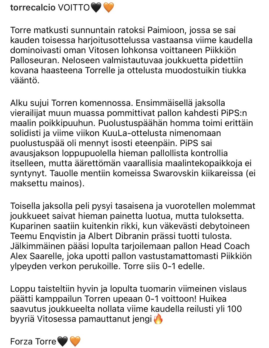 TorreCalcio's tweet photo. 🧡VOITTO🖤
 @SuomenCup starttaa pian ja valmistautuminen siihen on hyvällä mallilla!
#Torrecalcio #Vitonenlänsi #preseason https://t.co/OeBDFd5X5e