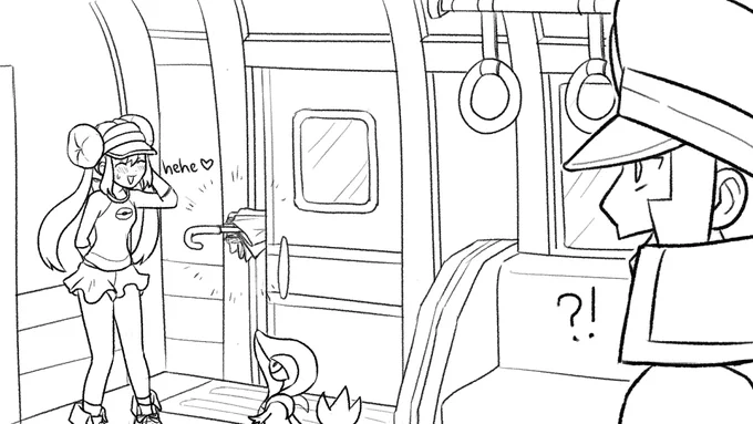 a few days ago, when I was commuting by train,
someone entered the train car the exact moment the door was closing 
and her umbrella ended up getting stuck there until we reached the next station

#PokemonBlackAndWhite #Rosa #Emmet #Snivy 