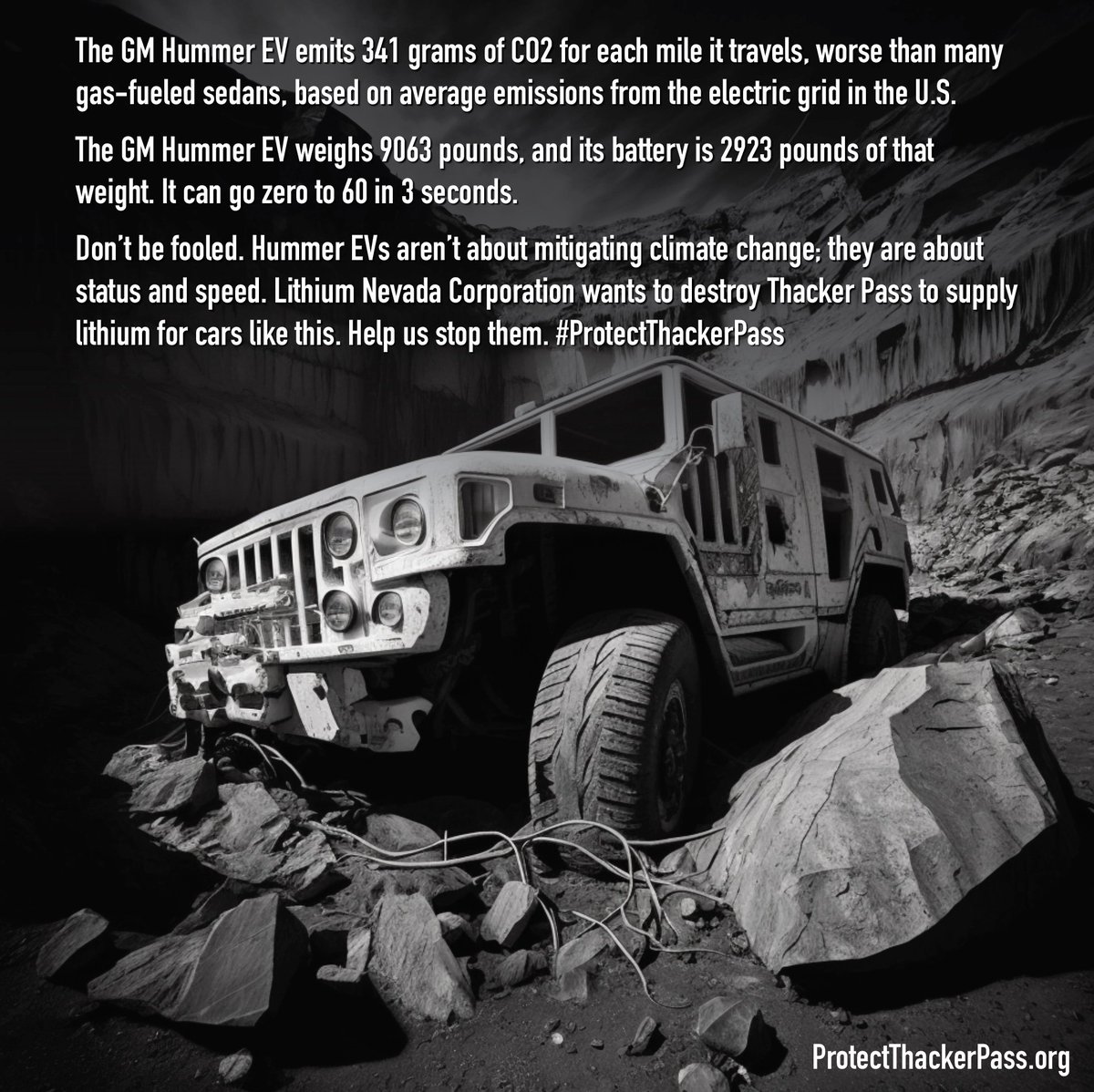 GM has invested $650m to get exclusive access to phase 1 lithium at Thacker Pass mine.

GM Hummer EV emissions data from the American Council emissions for an Energy-Efficient Economy (ACEEE).

#ProtectThackerPass #ProtectPeeheeMuhuh #LoyaltyToLandAndLife ProtectThackerPass.org