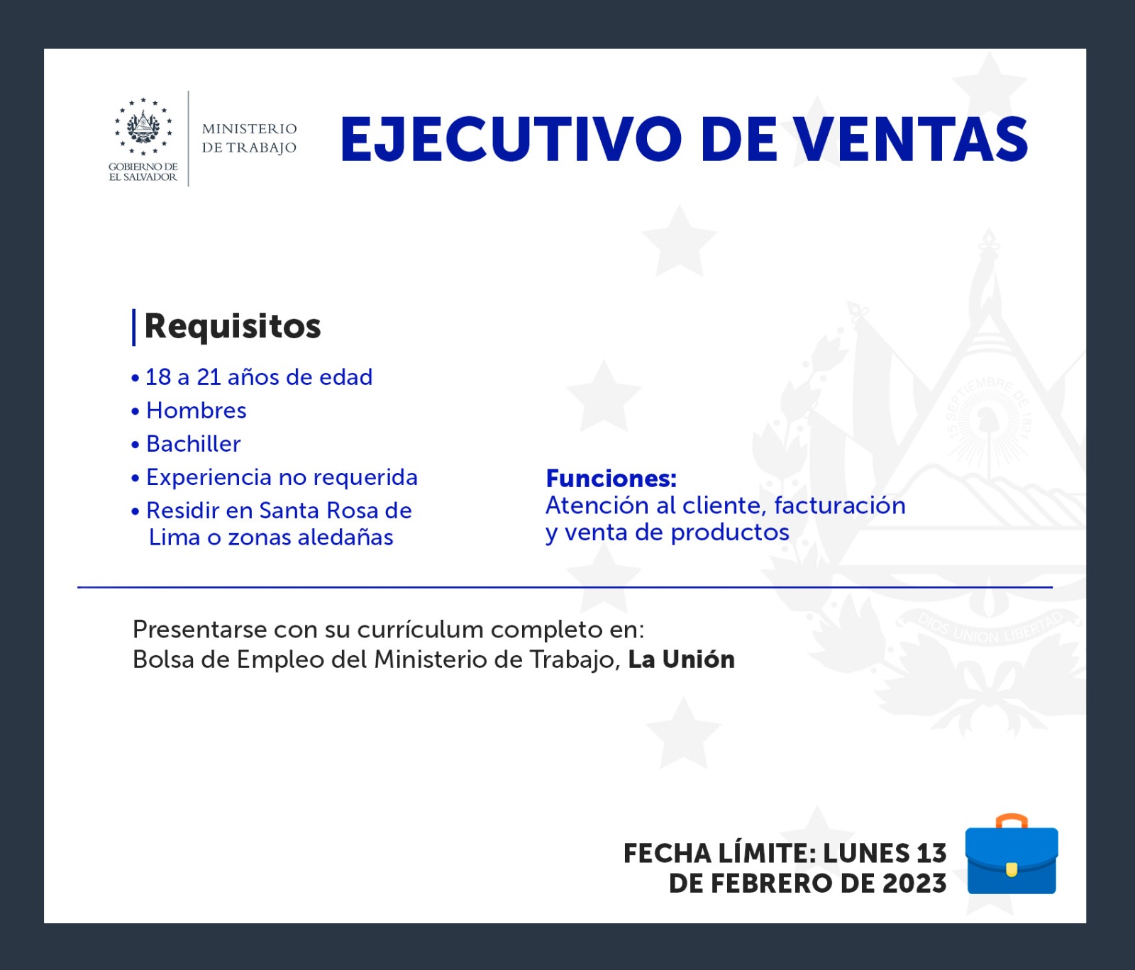 Ministerio de Trabajo on X Convocatoria laboral. Si cumples los requisitos puedes aplicar presentandote con tu hoja de vida. Fecha limite para aplicar lunes 13 de febrero de 2023
