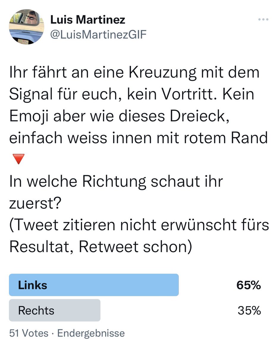 LuisMartinezGIF's tweet photo. …entspricht leider meiner Wahrnehmung. Ca. 3 von 10 x haltet das an die Kreuzung mit kein Vortritt kommende Fahrzeug abrupt und fast zu spät an, weil der/die FahrerIn zuerst nach rechts schaut, obwohl die erste Spur, von links kommende Fahrzeuge hat.
#Passuf!! https://t.co/6y7y3JH1jj