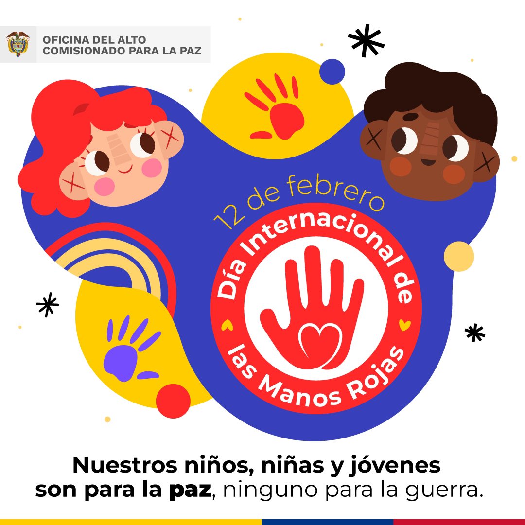 ComisionadoPaz's tweet image. Las niñas, niños y adolescentes tienen derecho a una vida en paz. La niñez no va a la guerra. Hoy nos unimos a la conmemoración del Día Internacional de las #ManosRojas exigiendo su libertad. ¡No al reclutamiento de menores! 🕊️👧🏽👦🏻
