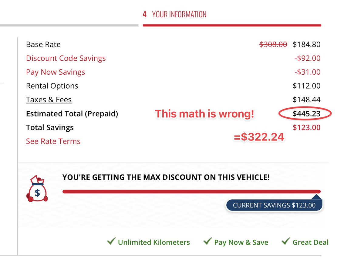 ketanmv's tweet photo. @Avis How does this equation/math add up to $445.23? ($184.80-$92-$31+$112+148.44) = $322.24. https://t.co/dU8GM5RoxH