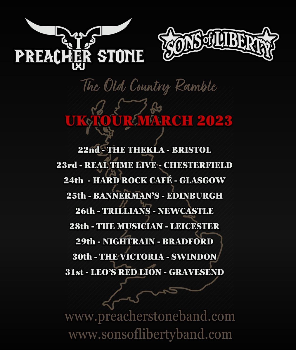 See North @PreacherStoneNC PreacherStoneNC and @SonsLibertyUK on their co-headline UK tour this March Tickets: sonsoflibertyband.com/shows @theklabristol @RealTimeLive1 #hardrockcafeglasgow @BannermansBar @TrilliansRock #musician @NightrainVenue @Victoriaswindon @leosredlion