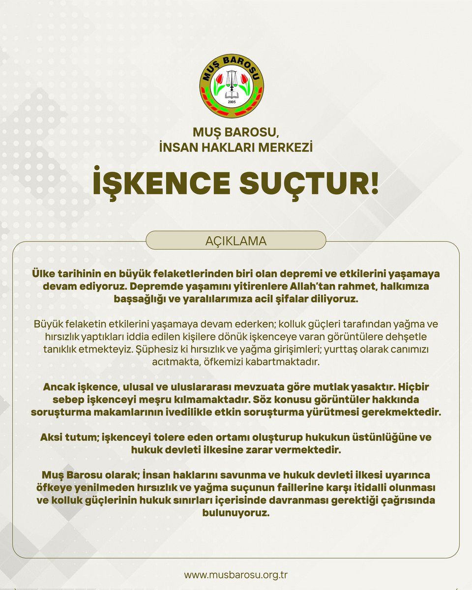 Muş Barosu İnsan Hakları Merkezi olarak; İnsan haklarını savunma ve hukuk devleti ilkesi uyarınca öfkeye yenilmeden hırsızlık ve yağma suçunun faillerine karşı itidalli olunması ve kolluk güçlerinin hukuk sınırları içerisinde davranması gerektiği çağrısında bulunuyoruz.