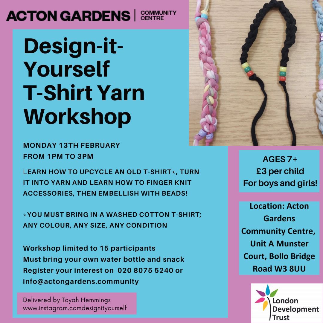 Actoncommunity's tweet photo. Join us for half term activities tomorrow and on Wednesday -- from take and bake workshops with #BakedByMM to #designityourself felt food and homemade yarn made from used T-shirt workshops! #Acton #ActonGardens #SouthActon #KidsWorkshops #HalfTerm #kids https://t.co/hrKPvQwsG7