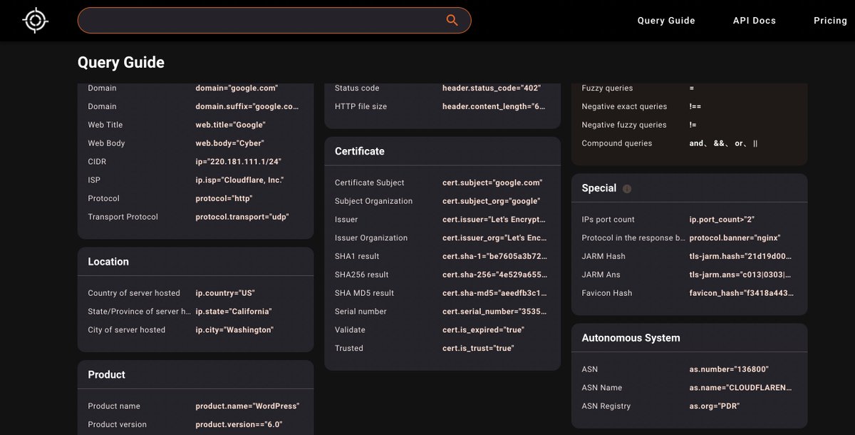 hunter.how

Search engine for security researchers (analog Shodan, Censys, Netlas).

Search by domain, page title, protocol, location, certificates, http headers, ASN, product name and more.

Tft <a href="/_IntelligenceX/">Intelligence X</a>