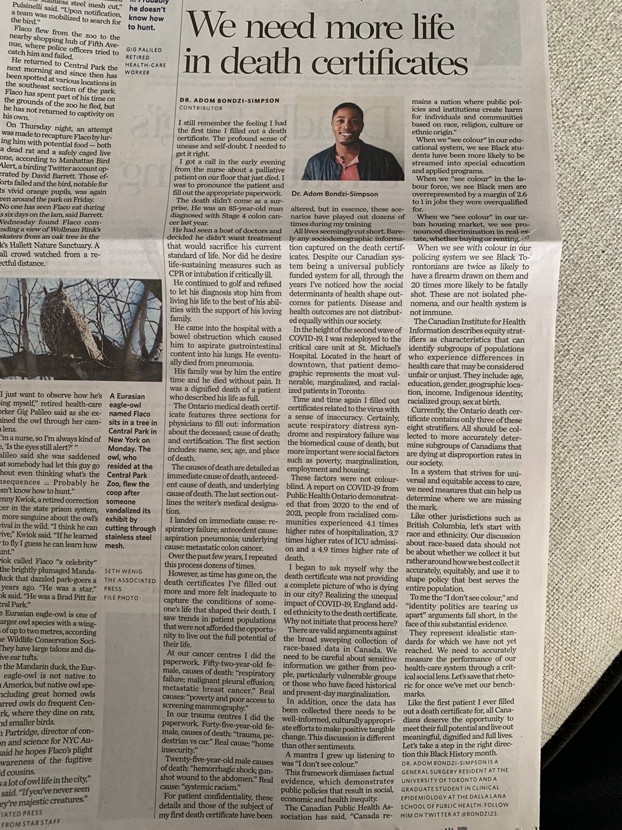 Adom Bondzi-Simpson, MD, MSc (@bondzi23) on Twitter photo I think It’s time to re-examine the Ontario Medical Death Certificate. Incorporating equity stratifiers into the demographic section will help us identify sub-cohorts of our population who have their lives cut short. Check latest <a href="/TorontoStar/">Toronto Star</a>
thestar.com/amp/opinion/20… #MedTwitter I think It’s time to re-examine the Ontario Medical Death Certificate. Incorporating equity stratifiers into the demographic section will help us identify sub-cohorts of our population who have their lives cut short. Check latest <a href="/TorontoStar/">Toronto Star</a>
thestar.com/amp/opinion/20… #MedTwitter