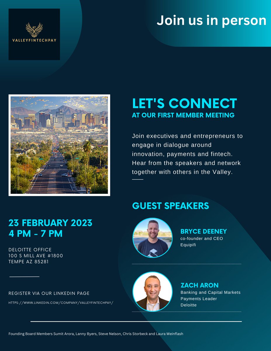 valleyfinpay's tweet photo. Join us in person. Let's connect at our first member meeting. #ValleyFinTechPay #fintech #payments #entrepeneurship  #growth #innovation #partnerships #arizona #phoenix #networking @sumitarora1000 @lannybyers @weinflash_4 Chris Storbeck Steve Nelson @equipifi @Deloitte https://t.co/dXlerkai1h