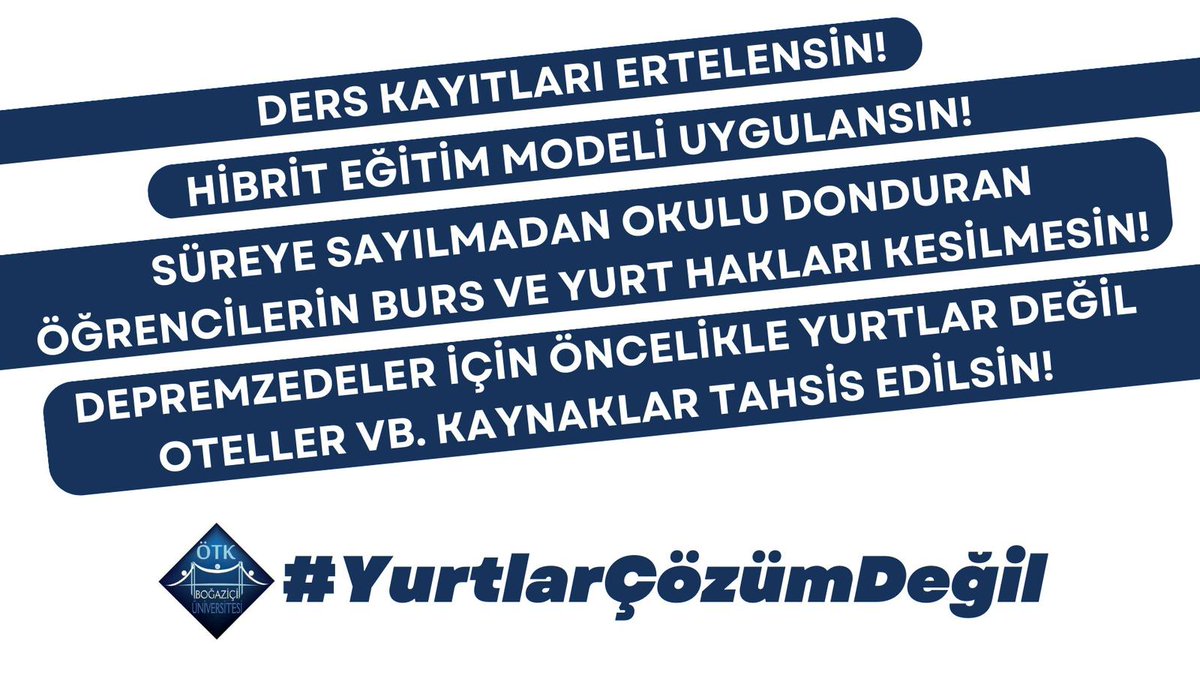 Depremzedelerin KYK yurtlarına yerleştirileceği ve online eğitime geçileceği açıklandı. Oteller ve binlerce boş ev dururken sermayeye dokunmamak için eğitimden ve öğrencilerin hayatından ödün vererek yeni bir mağduriyetle çözüm arayanlara sesleniyoruz: #YurtlarÇözümDeğil