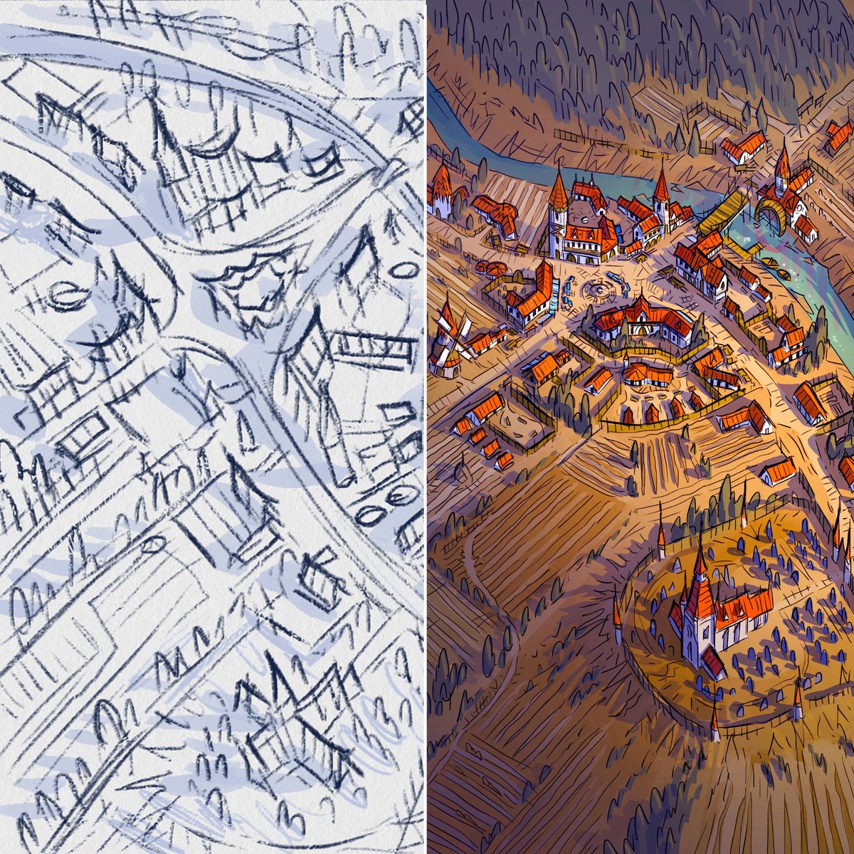 smitchellmaps's tweet image. Happy that you find my sketches useful, so here&apos;s another #sketchvsfinal pic!

#dnd #dnd5e #dndmaps #artwork #dndart #fantasyart #rpg #rpgart #tabletop #tabletopgames #dungeonanddragons #art #dungeonmaster #town #worldbuilding