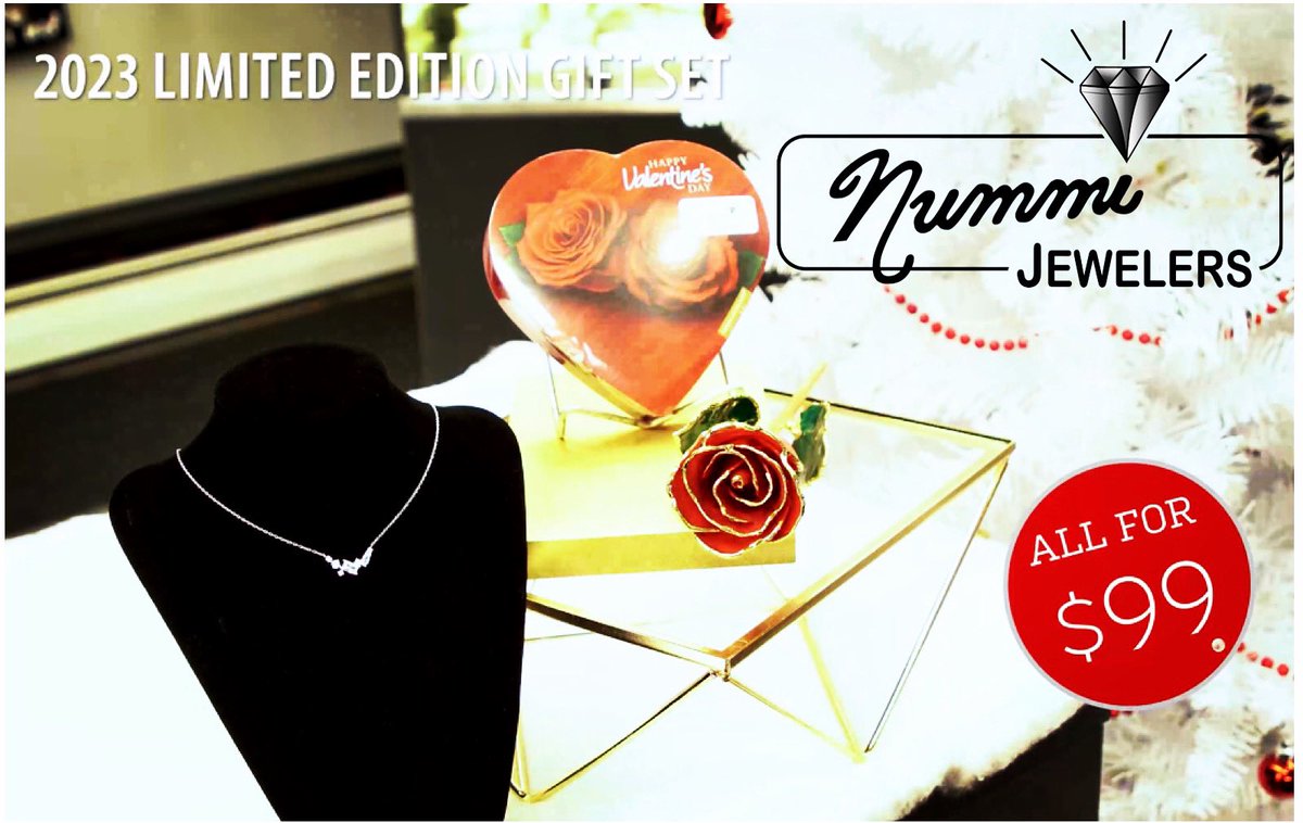 Nummi Jewelers celebrates Valentine's Day with our
Limited Edition Gift Set. This gift set features:

A Real Rose trimmed in 24k gold
Radiant Asymmetrical Necklace
and a box of Chocolates.

All for only $99! 
#sale #shopsmall #foreverrose #superiorwi #duluthmn #WeAreSuperior