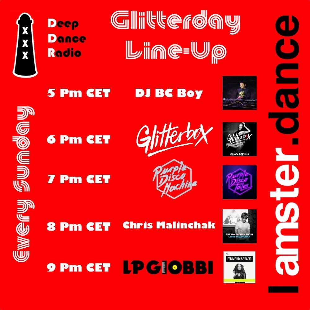 it's time for GLITTERDAY with 

5 PM DJ BC Boy  @thecooldjbcboy  
6 PM Glitterbox  <a href="/glitterboxibiza/">Glitterbox</a>  Melvo Baptiste  
7 PM PurpleDiscoMachine  @purple_disco_machine        
8 Pm CHRIS MALINCHAK   <a href="/chrismalinchak/">chris malinchak</a>
9 Pm LP Giobbi @lpgiobbi with #femmehouse 

#bcboy #glitterbox …