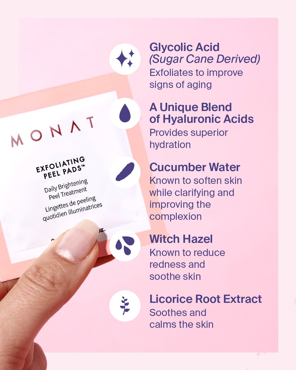 MONATOfficial's tweet photo. Radiant skin LOADING ⏲️

MONAT Exfoliating Peel Pads™️ come in single-use sachets that contain a blend of 8% glycolic acid, witch hazel, and amino acids.

🧖Your in-home spa day starts here: https://t.co/qq0NnPVZsJ

#MONATPeelPads #MONATskin #Ingredients https://t.co/R4d77VW8HU