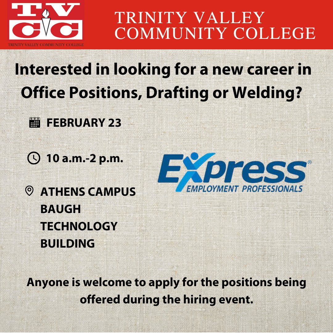 TrinityValleyCC's tweet photo. Looking for a new career opportunity?

Check out the hiring event on the Athens campus Feb. 23. https://t.co/yw3yUFEXiA