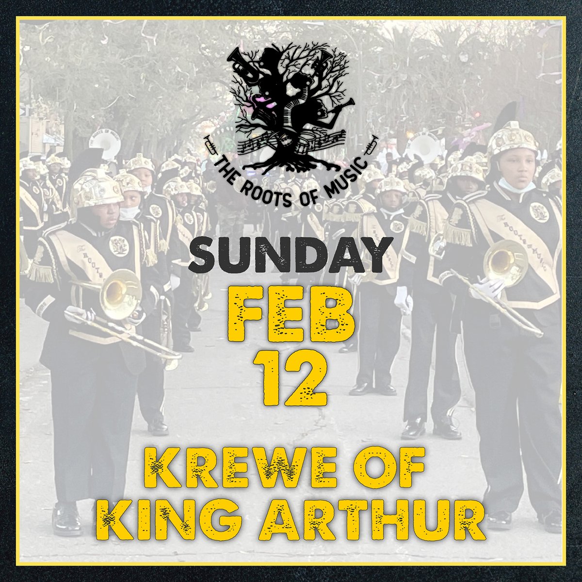 TheRootsofMusic's tweet photo. The Roots of Music is gearing up for another parade today, this time with the Krewe of King Arthur! We've got new songs this year, so don't miss it! #TheRootsOfMusic #KreweOfKingArthur #MarchingMusic #MusicIsLife #MarchingBand #NewOrleans #MardiGras #Parade https://t.co/OPkxf9BUUo