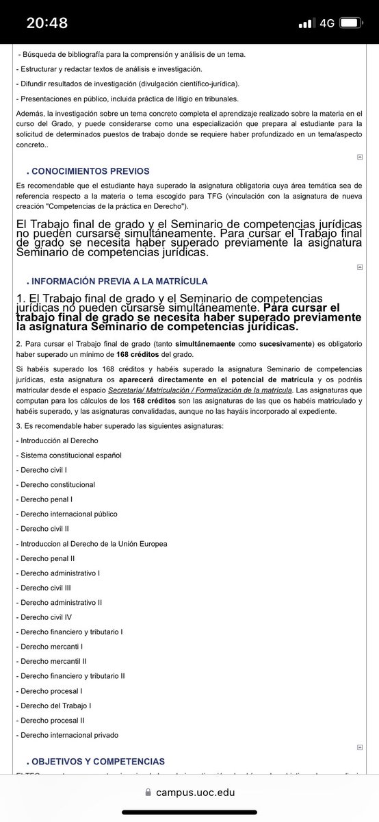 17nnat's tweet photo. @UOCrespon Hola, ya lo he hecho. Adjunto caputra de pantalla del plan de estudios del TFG donde indican que para poder matricularme debo haber superado 168 creditos, incluyendo las convalidadas, aunque todavía no estén incorporadas. https://t.co/CSTeb8oKpT