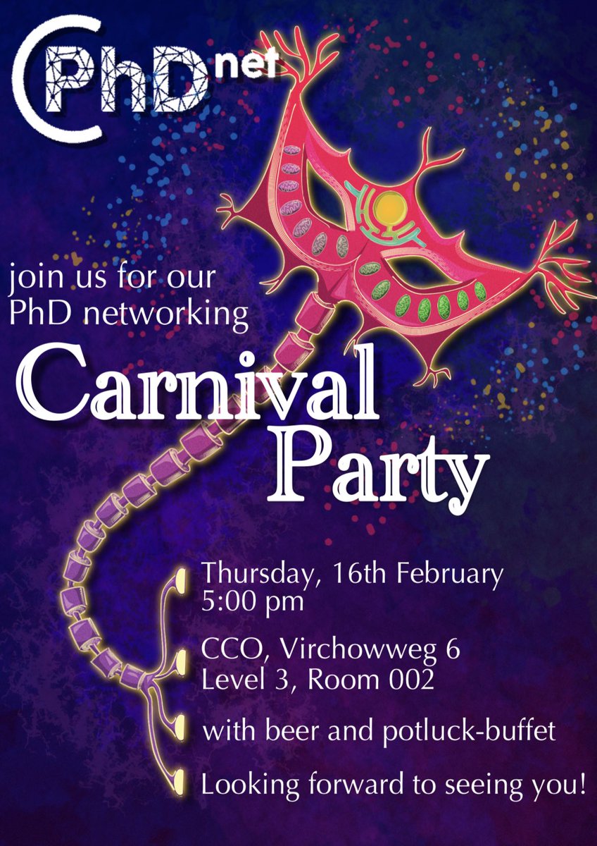 It is our pleasure to invite you to a get-together on the 16th of February at 5pm in CCO! The party is carnival themed so don’t hesitate to wear a costume :) all professions welcome! #carnival #phdnet #charité