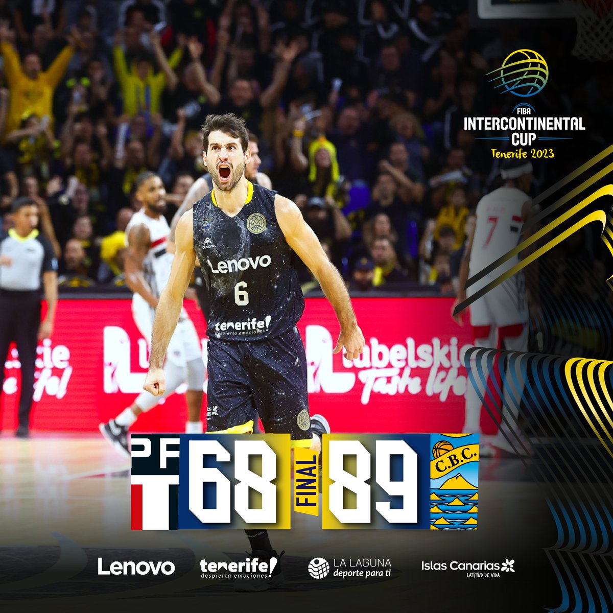 CB1939Canarias's tweet photo. ¡¡¡  TriCAMPEONES de la Copa Intercontinental !!!

💪 El #LenovoTenerife impone su ley ante el #SaoPaulo y se adjudica la corona mundial de clubes FIBA

💛🖤 #VamosCanarias #LenovoTenerife #ContigoTieneSentido https://t.co/NwpmqM2Ea2