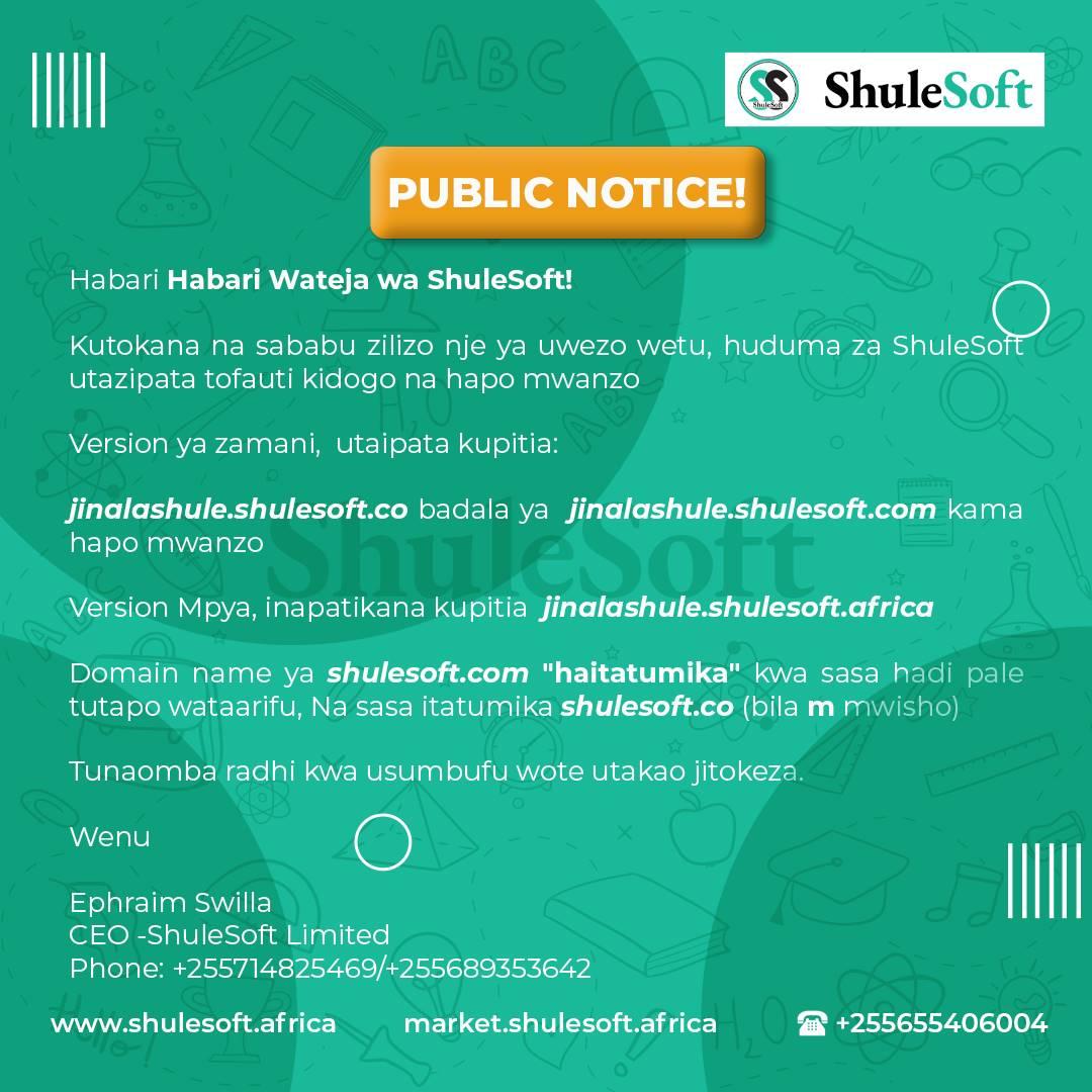 shulesoft's tweet photo. TAARIFA KWA UMA.
Kwa shule zetu zote pamoja na wazazi wanaotumia ShuleSoft, tafadhali zingatia haya.
Tunaomba radhi kwa usumbufu utaojitokeza
Asante
#safariyashulesoft, #shulesoft https://t.co/TC9uT969Jf