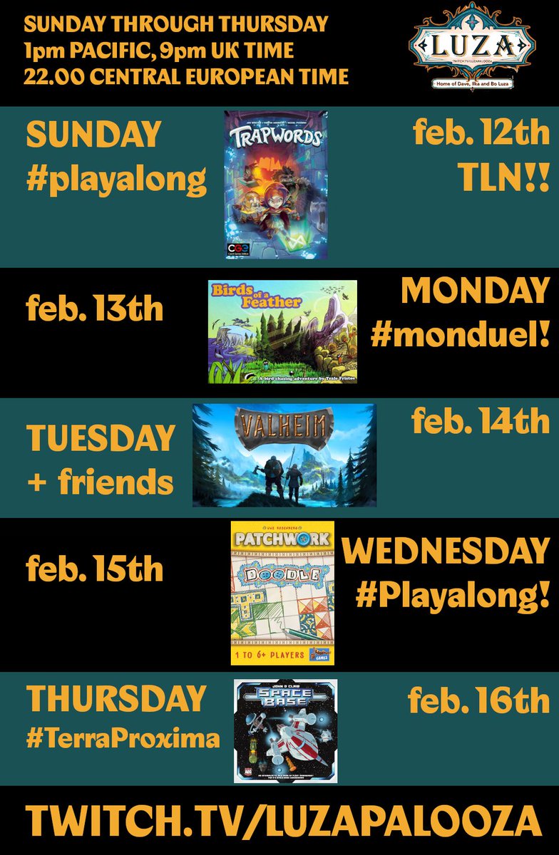 TheHappyLuza's tweet photo. This weeks handy dandy schedule features @sbrightstudio #BirdsOfAFeather, @LookoutSpiele #PatchworkDoodle and @alderac #SpaceBase #TerraProxima. As well as some computergenerated #Valheim. But first: #Trapwords. by @czechgames ! #NOW https://t.co/ONuJZ3mgv1
