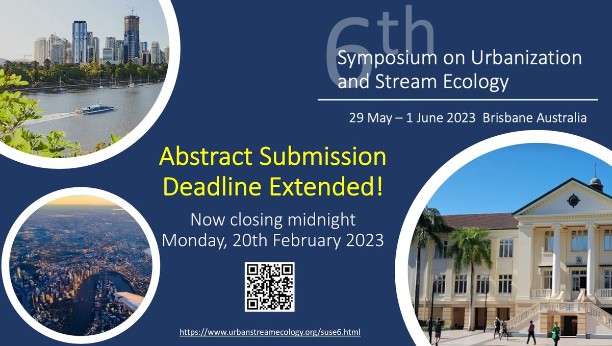 Did you hear?...The Abstract Submission Deadline for the 6th Symposium on Urbanization and Stream Ecology #SUSE6 have been EXTENDED! 

Submissions now close at midnight on Monday, 20th February 2023 

Jump into action now or miss out :(

More details here: urbanstreamecology.org/suse6.html