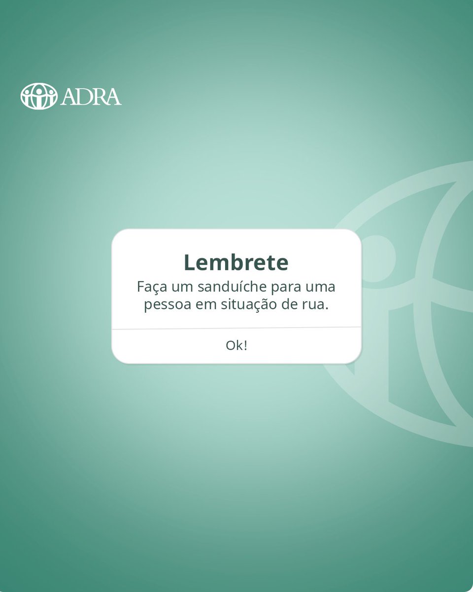 Está fazendo o seu lanche ou jantar e vai sair de casa hoje?

Já faça um lanche/marmitinha a mais e leve com você. Entregue para uma pessoa que está em situação de rua.

Essa é uma forma simples de ajudar alguém! 💚

#ADRABrasil