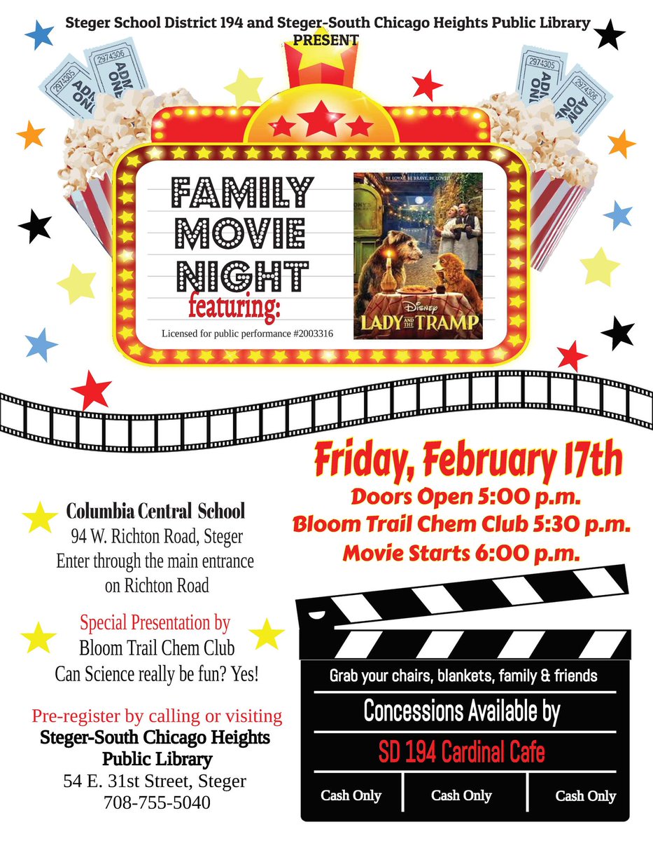 Family Movie Night - February 17, 2023 at Columbia Central School. Doors open up at 5:00 p.m. Enter through the school's main entrance on Richton Road.