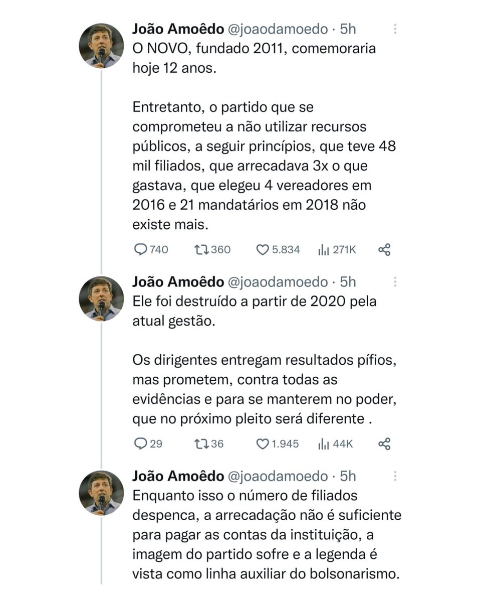 Vamos falar a verdade, João Amoêdo? 

Essa pessoa, que um dia admiramos, tenta jogar a própria culpa pela queda no número de filiados e mandatários nos atuais dirigentes do Novo, o que é uma canalhice sem tamanho. João Amoêdo sempre foi, de 2011 a 2018… (1/n)