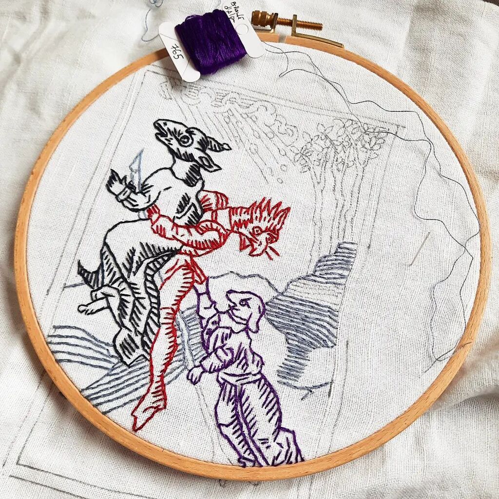 benhy_bradshaw's tweet photo. Almost done. From an Renaissance engraving picturing shape-shifting witches... 🧙🧹🧙🧹
.
.
.
.
#embroidery #handmade #stitchersofinstagram #embroideryinstaguild #menwhostitch #benhybradshawcostello #ilovedmc #dmcthreads #witchhunt #witches #witchcraft… https://t.co/SysrCHnvNx https://t.co/sDbX6u6Oii