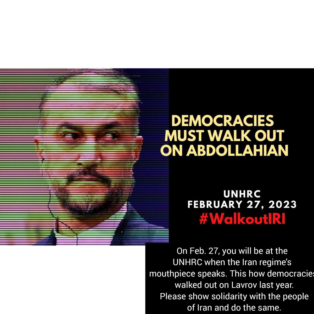 partopalla's tweet photo. UNHRC opening, Geneva, Feb. 27, 2023: We call on democracies to walk out when the regime’s foreign minister Hossein Amir-Abdollahian takes the podium. #WalkoutIRI 
#IRGCterrorists
@Haavisto  @IKasoulides @NikosDendias @hadjalahbib  @BogdanAurescu @MFABulgaria @MFA_Lu @WBHoekstra https://t.co/kpSs2G4ZnH