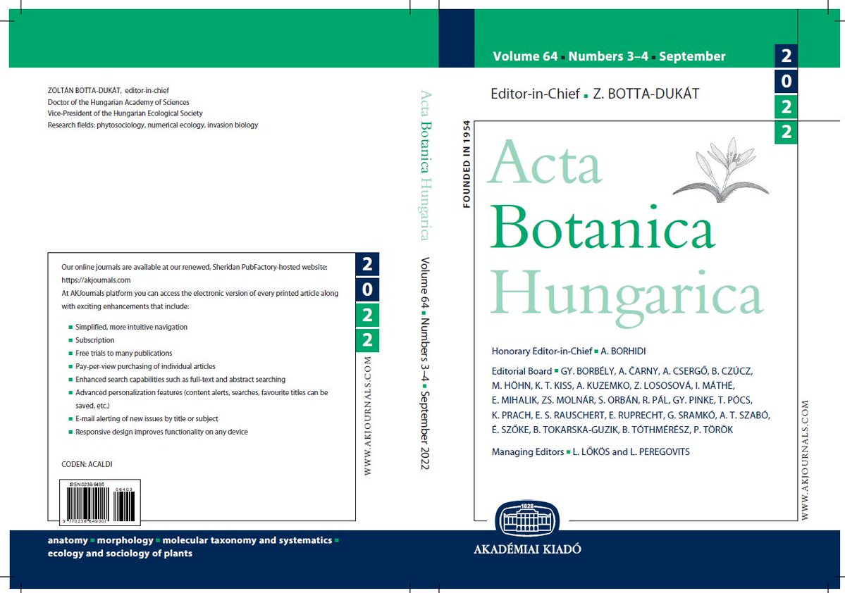 AkJournals's tweet photo. Happy to announce that the new issue of our Q2 title, Acta Botanica Hungarica, was recently published. The journal also has #OpenAccess #articles, find them here: https://t.co/9lSTHKbR9Z
#TwitterAcademic https://t.co/m6vlwoR548