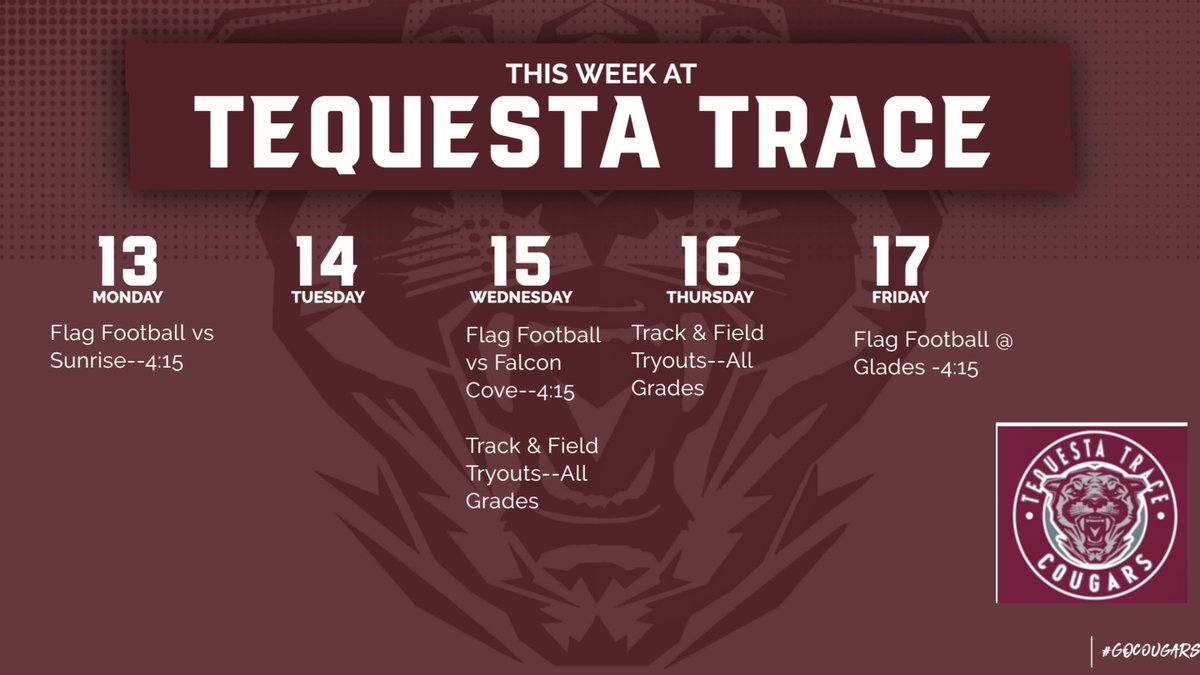 cougars33326's tweet photo. Another busy week ahead for TTMS Athletics.  Three Flag Football games and tryouts for track and field.  Cougar student-athletes working hard on the field/track and in the classroom.

@TTMSPrincipal
@cougars33326 https://t.co/Uagt5d9elw