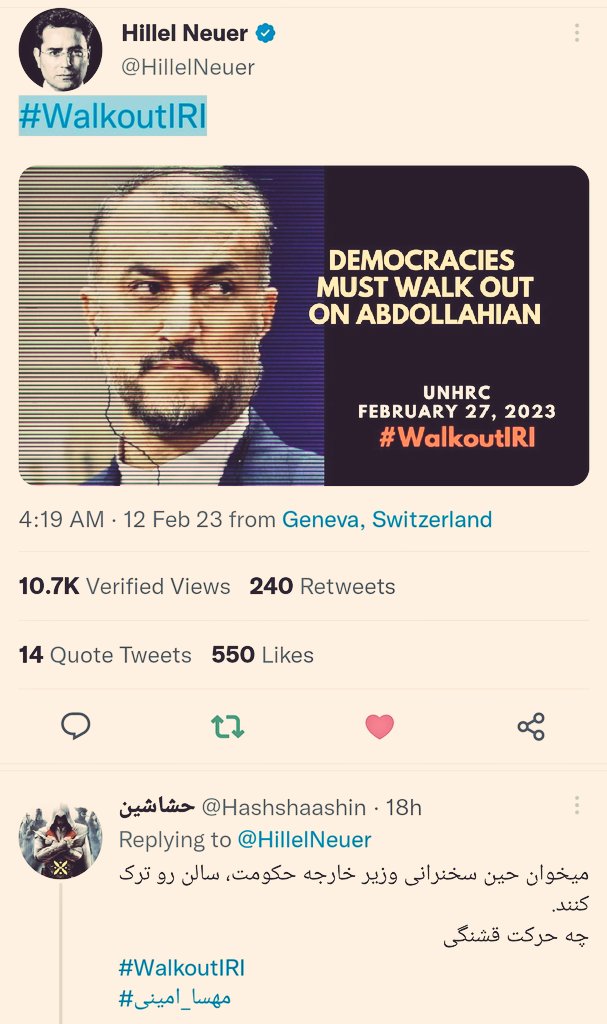 لطفا از حرکتی که آقای هیلل نوئر آغاز کردن تا اروپاییها حین سخنرانی «امیر عبدالهیان» جلسه رو ترک کنند، حمایت کنید.
#WalkOutIRI
#مهسا_امینی