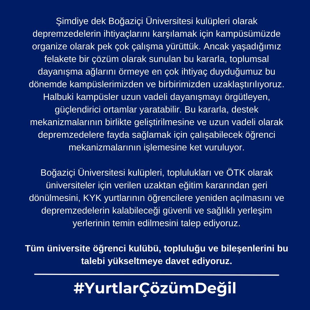 İmzacı kulüpler olarak ortak bildirimizdir. #YurtlarÇözümDeğil