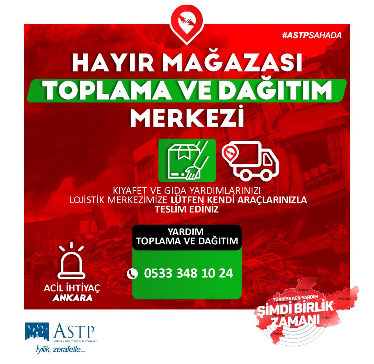 Ankara’da depremzede aileler için yardım toparlama ve dağıtımı yapan lojistik merkezi. 

Organizasyon ve hareket kabiliyeti yüksek Yardım kuruluşlarına yardımda bulunalım. #AFAD #Kızılay #Umke #İHH #Denizfeneri #Astp #Astpsahada