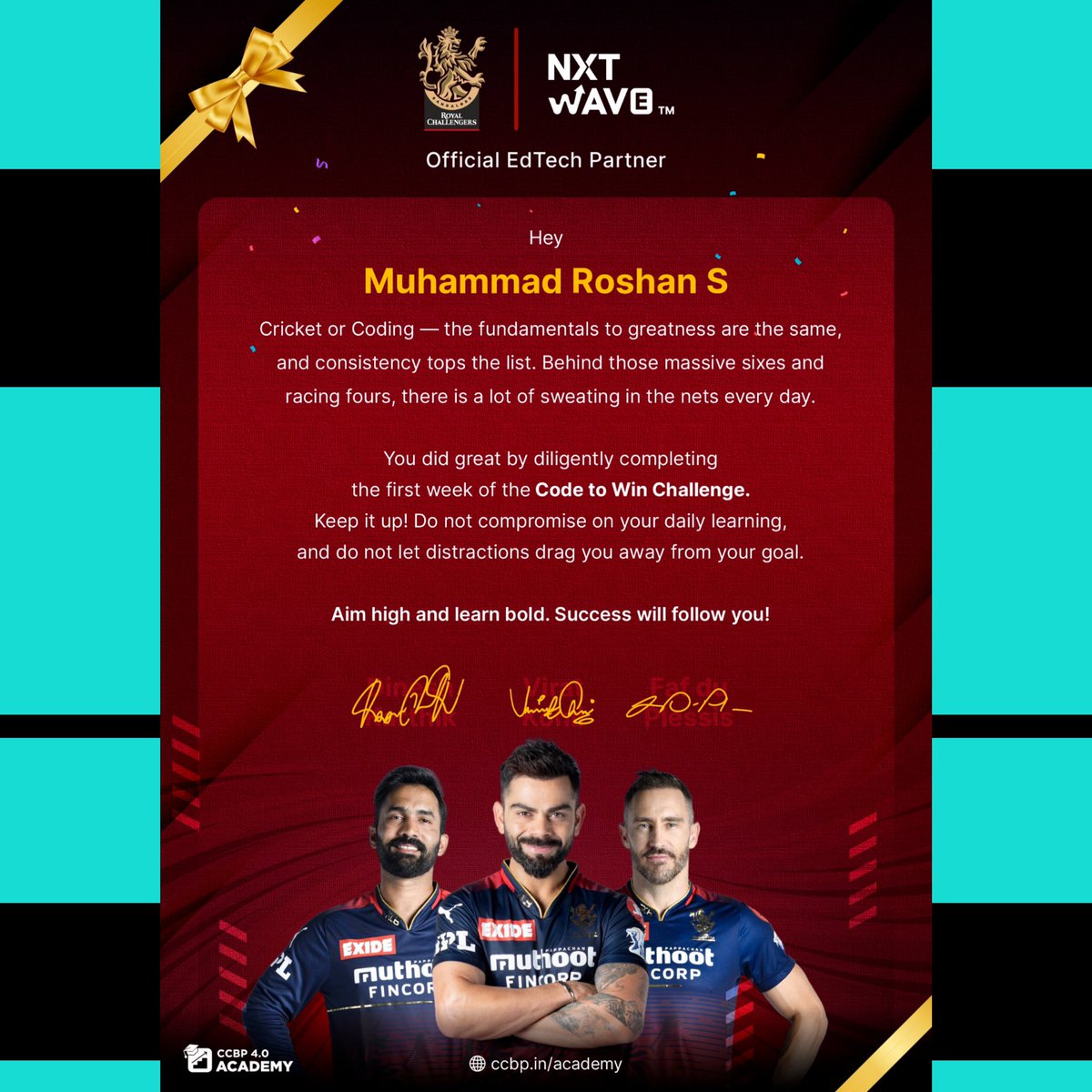 muhmadroshan's tweet image. Finally in the Nxtwave 4.0 academy, the first week&apos;s code to win challenge was completed with an appreciation letter from @RCBTweets 
Thank you @nxtwave_tech 
#nxtwave #CCBP #codetowinchallenge