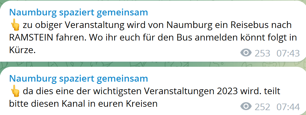 KonLex09's tweet photo. Die Rechtsextremisten scheinen erfolgreich für #Ramstein #kl2602 zu mobilisieren. Im Kanal der Mo-Demo Naumburg wird gleich ein ganzer Bus zugesagt. https://t.co/srTrFmrFxo