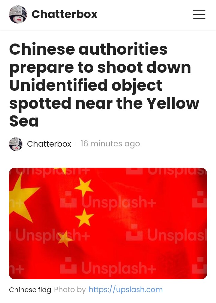 Oceanworldfree's tweet image. &quot;Chinese authorities said they&apos;ve spotted an unidentified flying object and are preparing to shoot it down.
The object was spotted over the megacity of #Rizhao on 
#YellowSea&quot;

#FlyingObject