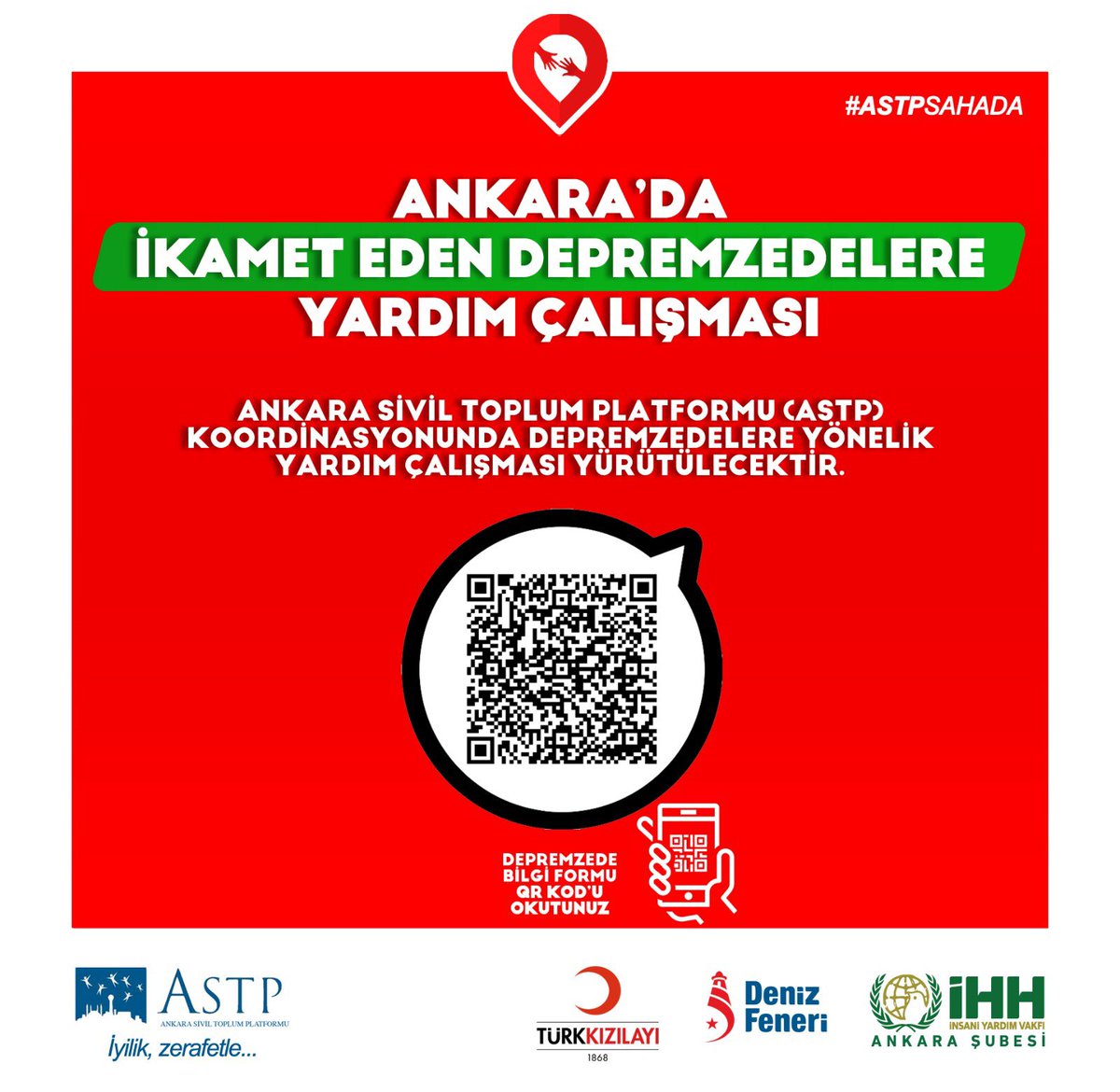 Ankara’da ki depremzedelere yardım ulaştırmak İçin formu doldurabilirsiniz.

Organizasyon ve hareket kabiliyeti yüksek Yardım kuruluşlarına yardımda bulunalım. #AFAD #Kızılay #Umke #İHH #Denizfeneri #Astp #Astpsahada #QRCode