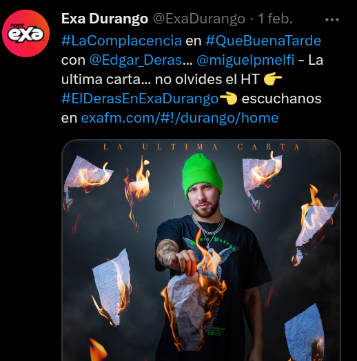 SoloXmp's tweet photo. La Última Carta en radios internacionales importantes gracias #TeamMelfi #Melfi
#Laultimacartaenlaradio
#Oye897 #40globalshow384 #ExaDurango #ExaRepublicaDominicana https://t.co/MqOJhiZAMh