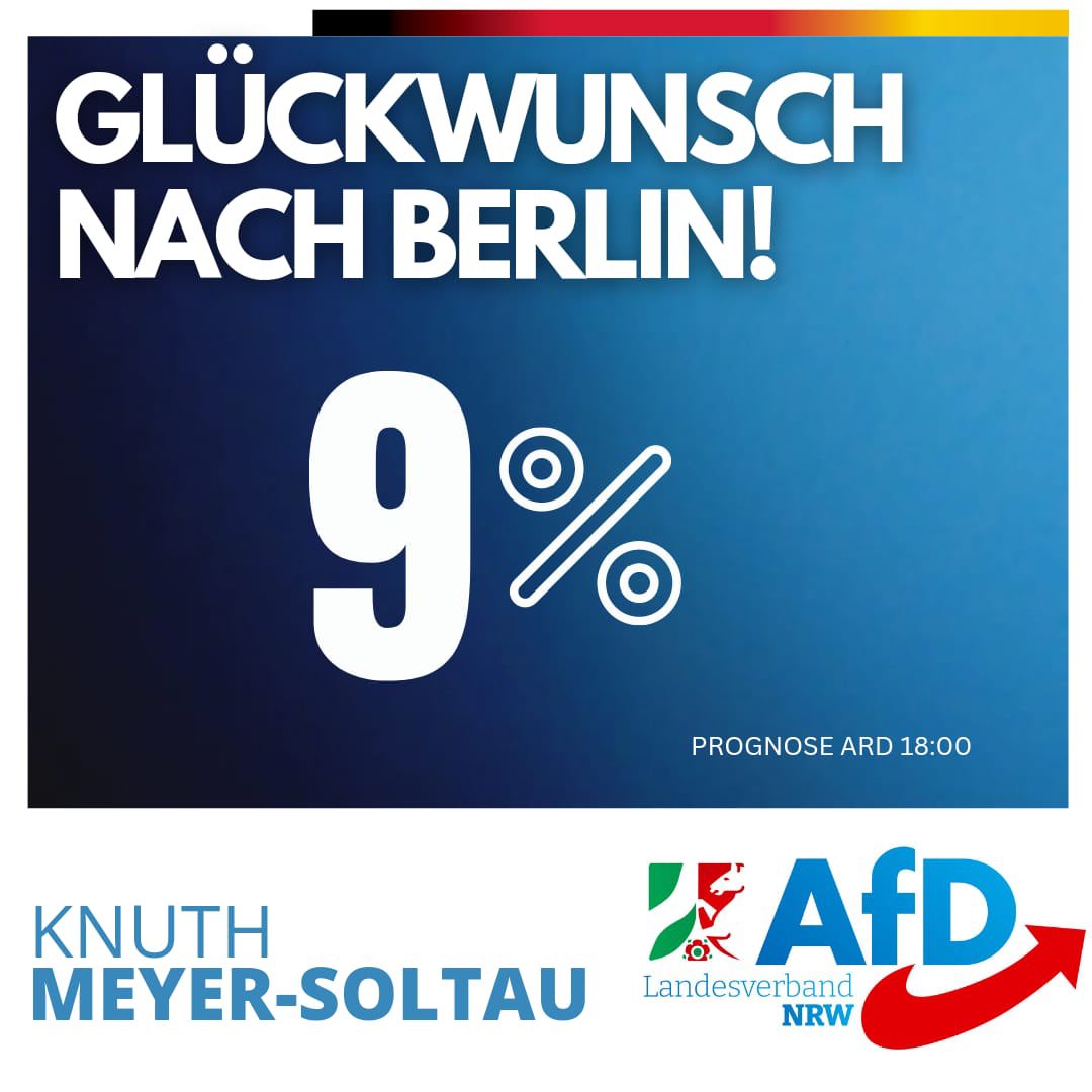 Gruß aus NRW !
Es wird noch gezählt, man darf auf zweistellig hoffen!
#afdberlin #afdnrw #Berlinwahl2023 #spdhatfertig #NoGruene <a href="/Georg_Pazderski/">Georg Pazderski</a> <a href="/Vincentz_AfD/">Dr. Martin Vincentz</a> <a href="/AlternativeNRW/">AfD NRW</a>