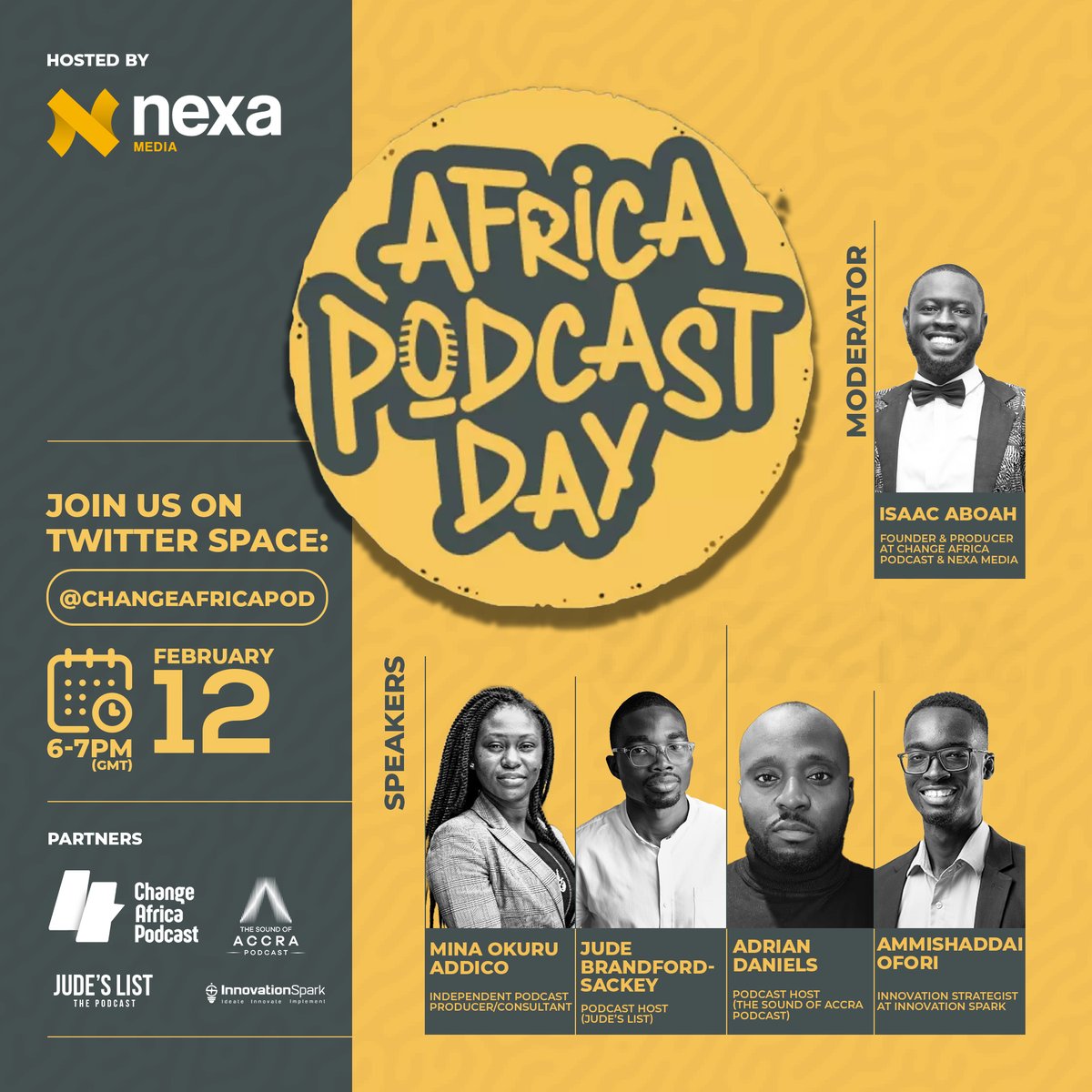 #AfricaPodcastDay2023 x.com/i/spaces/1BRJj… 

Less than an hour to go, join us on our Twitter Space

<a href="/_yedonu/">Isaac Aboah</a> <a href="/judebrandford/">the_plug</a> <a href="/minaokuru/">Mina Okuru</a> <a href="/mradaniels/">Adrian</a> <a href="/ammish_ofori/">Ammishaddai Ofori</a> <a href="/TedxAccra/">TEDxAccra Official</a> <a href="/acast/">Acast</a>