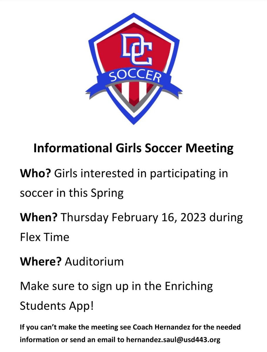 RedDemonSoccer's tweet photo. Girls Meeting on Thursday. Take a device to complete a Google Form. Season starts in 15 days! https://t.co/MIDI1uaHGH