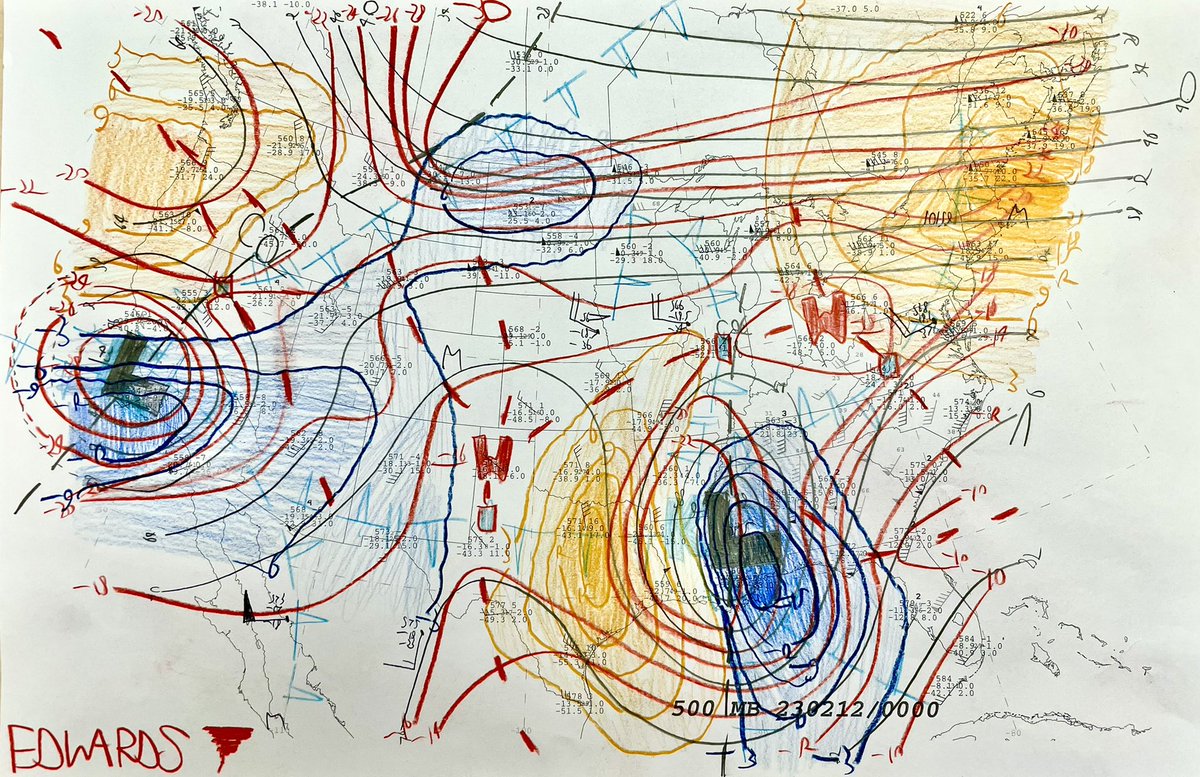 SkyPixWeather's tweet image. Last night’s 0Z 500-mb analysis featured more and stronger areas of isallohypses than you’ll usually see at lower latitudes, thanks to the closed (but not quite cutoff) progressive cyclones in the SE &amp;amp; CA. #meteorology #HandAnalysis