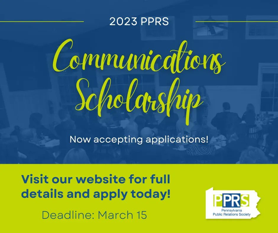 pprshbg's tweet photo. Calling all full-time junior &amp; senior communications &amp; public relations students! PPRS is accepting applications for our 2023 Communications Scholarship! One recipient will be awarded a $1,000 scholarship. View full details on our site &amp; apply by March 15 https://t.co/5OwF5ellhX https://t.co/9N8Cz87ncr