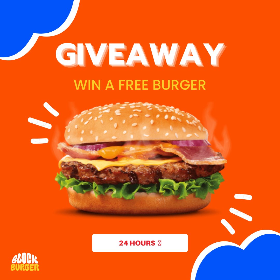 🍔🎉GIVEAWAY ALERT🎉🍔

We're giving away a FREE BURGER to one lucky winner! 

To enter:

1️⃣ Like and RT this tweet
2️⃣ Follow us
3️⃣ Tag 2 friends who love burgers!

Winner will be chosen in 24 hours! 

Good luck 🍔

#FreeBurger #NFTGiveaway #BlockBurger