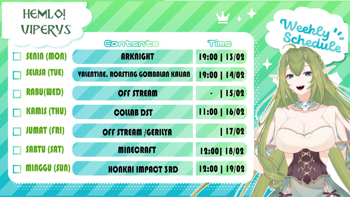 SleepySylphine's tweet photo. 【WEEKLY SCHEDULE】(WIB TIME ZONE)
ꕥ Fans name #VIPERYS
ꕥ YouTubeChannel https://t.co/smXJddNu02
ꕥ Support me https://t.co/9nXy8BaB1q
ꕥ DISCORD SERVER : https://t.co/Jm8x8zgduW
Hashtags
#Vtuber #VtuberID #VtuberSupport #vtuberuprisings https://t.co/j6SadoDqan